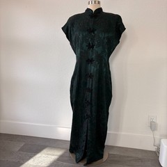 Vintage La Belle Womens Asian Midi Dress 10 Green Print 90s USA Frog Fastener