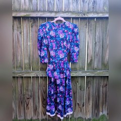 Vintage 80’s Tabby of California Purple & Green Floral Rose Peplum Dress