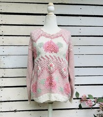 Vintage 90s Sweater Cottagecore Needles & Yarn Ramie Pink M Knit Bobble Flowers