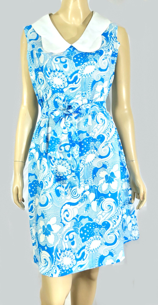 Vintage 60s Mod Light Breezy Poly Aqua Blue on White Belted Shift Dress L