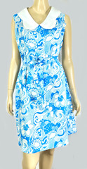 Vintage 60s Mod Light Breezy Poly Aqua Blue on White Belted Shift Dress L