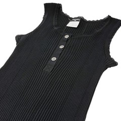 CHANEL Vintage 08P CC Logo Button Ribbed Knit Tank Top #42 Black Silver Cotton