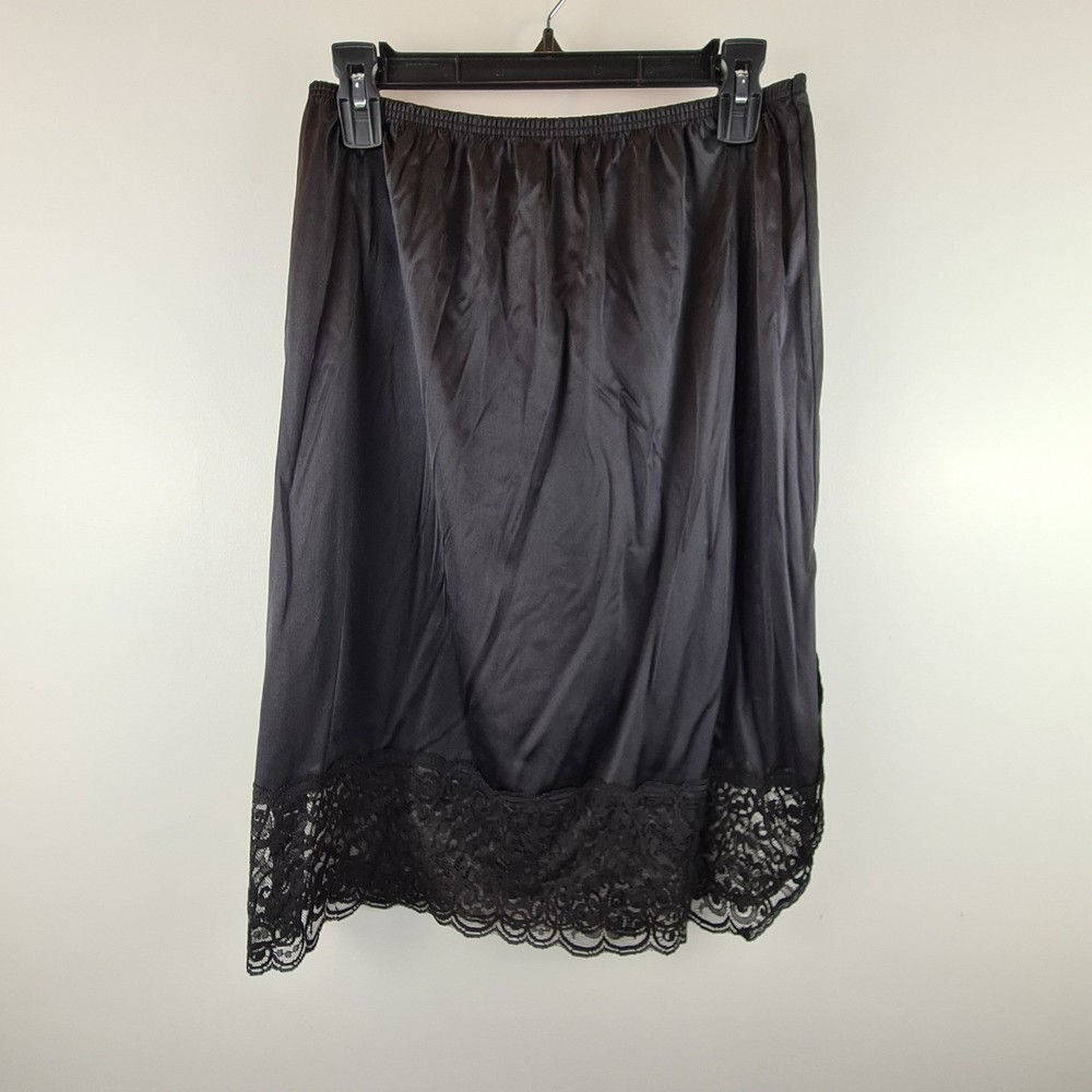 Vanity Fair Vintage Black Nylon Half Slip Lace Trim Side Slit 28″ XL 9-11-715 US