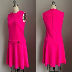 Vintage Mod 1960’s Neon Day Glo Hot Pink Drop Waist Dress XS/S