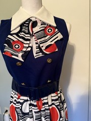 Vtg Mod Geometric Print Maxi Dress Red White & Blue 60s 70s Retro Hostess Op Art