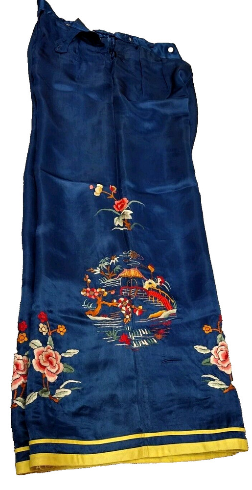Art Deco 30s Chinese Silk Pants 1920s Antique Embroidery Royal Blue High Waist