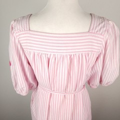Vintage 80s Sundress MuMu House Dress Flower Applique Pink White Stripe [STAIN]