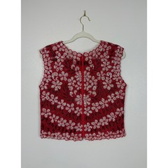 Vintage Beaded Sleeveless Blouse Size M Red White Sequins Scalloped Lace 1940s
