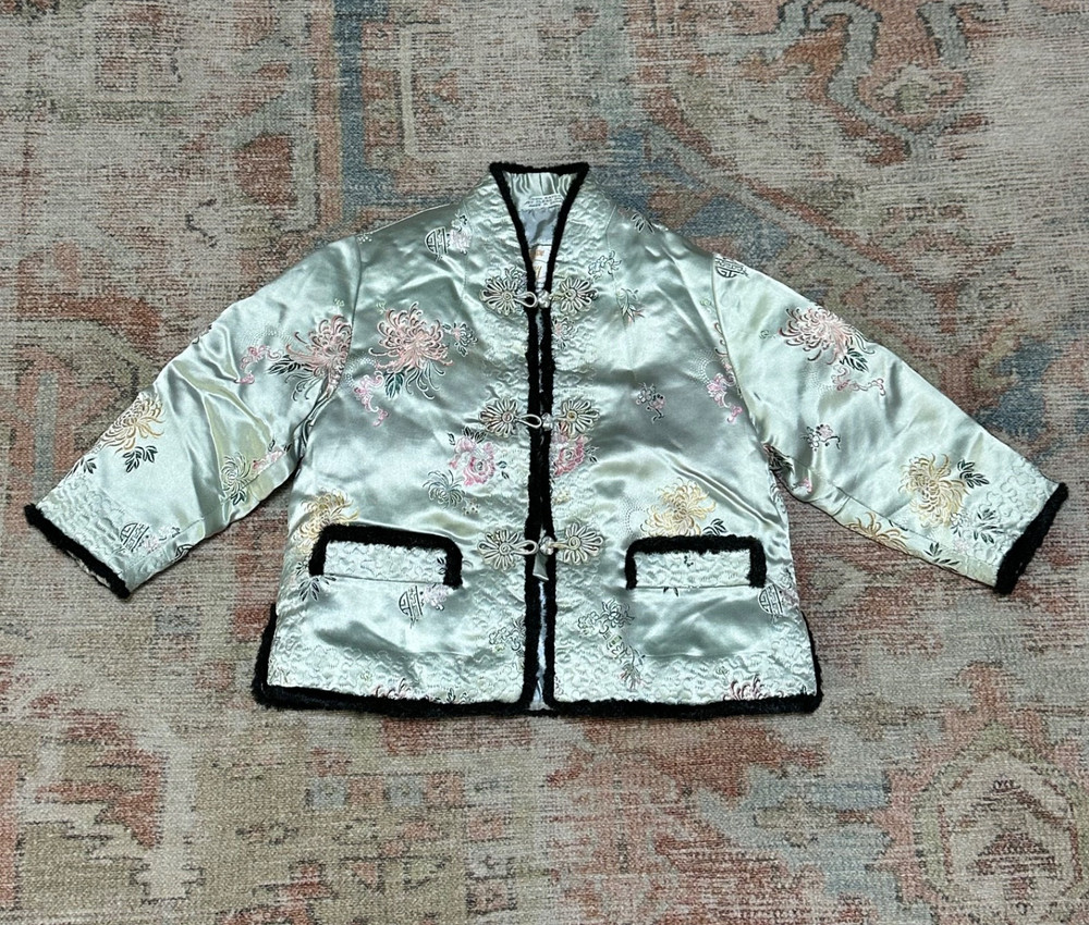 VTG Satin Brocade Asian Jacket Kids Insulated Rayon- Peony Brand- ShangHai China