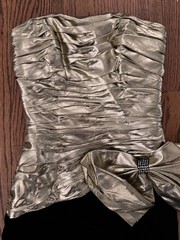 Vintage 1980’s 1990’s A.J. Bari Gold Lame Ruched Bustier Fitted Dress Huge Bow