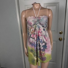 Vintage Y2K Xhilaration Terry Cloth Dress Medium Smocked Floral Halter I4-14