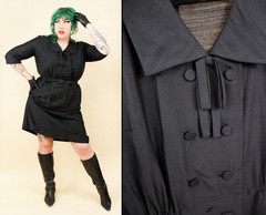 1950s Vtg Black Plus Size Volup Collared Sailor Button Dress Goth Pin Up 1X B48″
