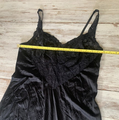 Vtg 70s Vanity Fair Slip Dress Black Nylon Lace Back Slit Lingerie Size 36/ 28″