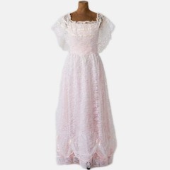 Vintage Union Made Lace Dress Gown Pink White Bows Victorian Prairie 70s 80s