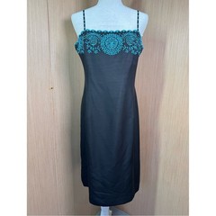 Ann Taylor 100% Dupioni Silk Black Slip Dress Beaded Bodice Straps Sz 10 Vintage