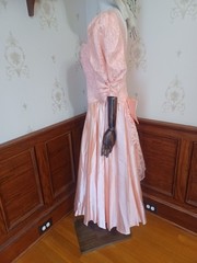 Vintage 1980s Peach Satin and Lace Puff Sleeve Fairy Tale Princess Prom Dress