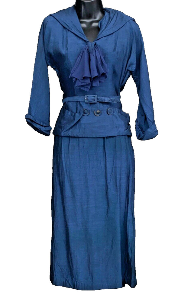 Vintage blue skirt suit set, jacket 1940s 1950s dress wiggle navy sailor collar