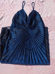 Vintage 80s Metallic Blue Pleated Disco Party Dress S/M Travilla-Style Accordion