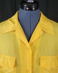Vintage Bonjour Yellow Oversized Silk Blouse w Button Down & Flap Pockets Size M