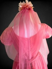 Vintage 1950’s Pink Satin Tulle Velvet Formal Prom Dress With Veil Belt XS