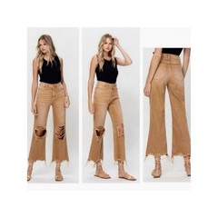 VERVET Leslie 90’s Vintage Flare High-Rise Tan Wide-Leg Distressed Jeans Size 25