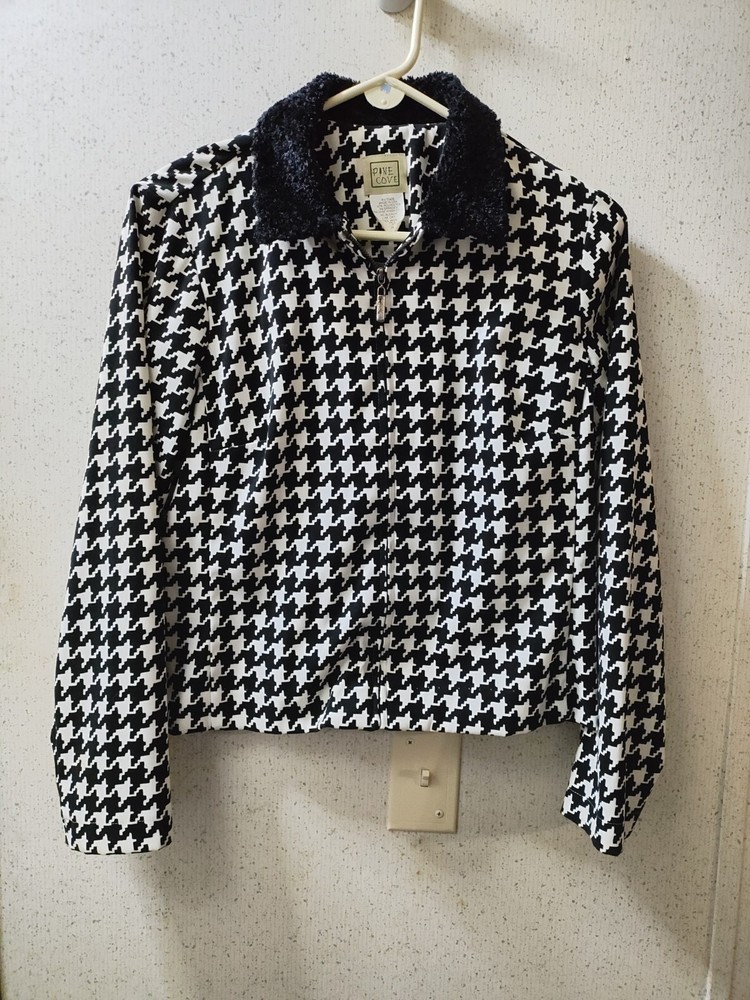 Vintage Pine Cove Houndstooth Jacket Zip-up Women’s 8 Fuzzy Collar Y2K 90s Clean