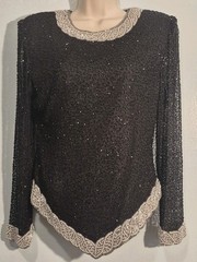 Vintage Laurence Kazar Full Beaded Black Silk Top Sheer Arms Women’s Sz S