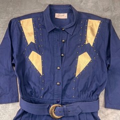 Vintage d.Frank Navy Blue Western Studded Gold Metallic Belted Midi Dress Womens