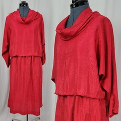 Vtg d Frank Red Leopard Print on Red Cowl Neck Dress w Batwing Sleeves Size M/L?