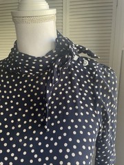 Vintage Perry Ellis Bergdorf Goodman Blue Polka Dot High Neck Tie Blouse Small S