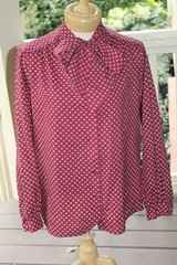 Vintage 70’s 80s Ecco Bay Maroon Geometric Tie Neck Button Down Blouse L XL 38