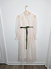 Vtg 70’s Prom Dress White w/ Pink Flocked Roses Green Velvet Belt High Waist