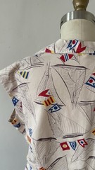1940s 50s Sailboat Novelty Print Sailcloth Cotton Sportswear Blouse Fitted M/L