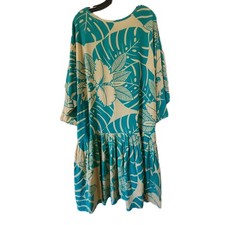 VTG 90s Rayon Drop Waist Green Tropical Palm Leaf Hawaiian Dress XL Midi Boho
