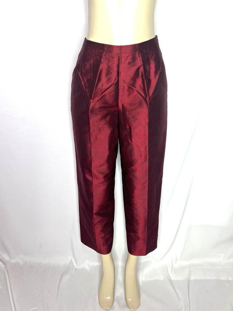 VINTAGE KATE HILL DEEP RED 100% SILK DAMASK ANKLE PANT SIZE 8