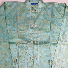 Vintage 50s Brocade Silk Tang Jacket Sz Sm Garden Scene Turquoise NEWLOOK Label
