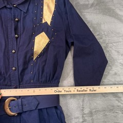 Vintage d.Frank Navy Blue Western Studded Gold Metallic Belted Midi Dress Womens