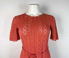 Vintage 1950s coral Pink Eyelet Midi Day Dress Waist Tie Fits a S/M