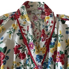 VTG Cotton Bathrobe~Floral~Red Rose Garden~Maxi-Length~Satin Trim Loungewear EUC