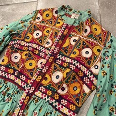 1970s style hand-embroidered bohemian dress India mirror bodice floral sz medium