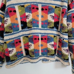 Express Tricot Vintage Hand Knitted 100% Wool Multicolor Patchwork Cardigan M/L