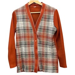 Vintage Cardigan Sweater Retro 70s Dark Academia Burnt Orange Plaid Fall Fashion