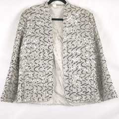 Vintage 80s Miss H MEDIUM Union Handmade Sequin Evening Jacket Open Front Silver