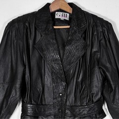 VTG 80s G-III Black Leather Biker Western Jacket Womens M Cropped Puff Sleeve