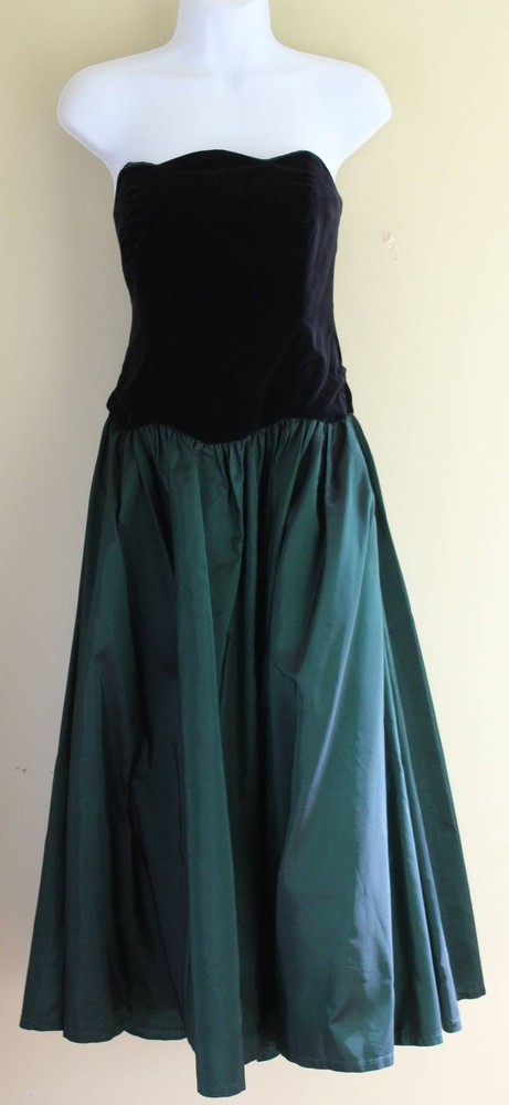 Laura Ashley 14 UK 12 US Vintage 80s Emerald Velveteen Taffeta Strapless Dress