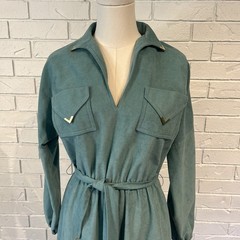 Vintage 60s Alfred Werber Green Belted Shirt Dress S/M