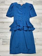 Vintage Dress Diamond’s Run Wayne Size Small 7/8 Peacock Blue Peplum 1980s