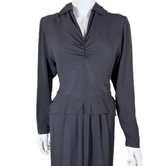 Vintage 40s Chic Black Crepe Peplum Swag Dress S