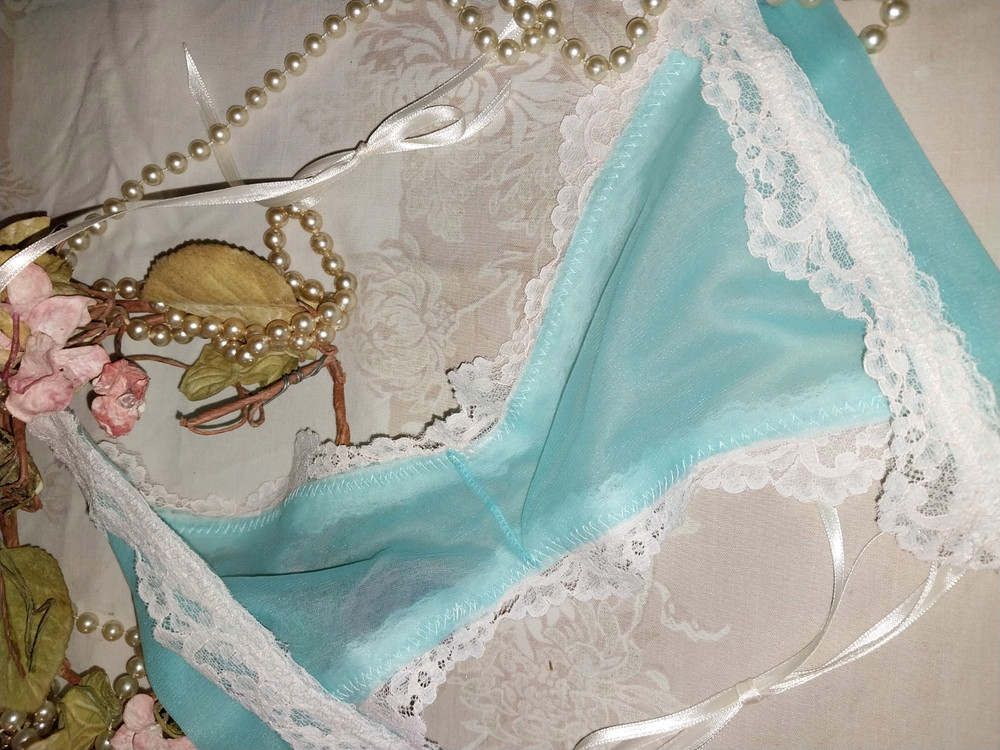 VTG Silky CHIFFON NYLON DBL 100% SKY BLUE OPAQUE SHEER STRING BIKINI PANTIES S