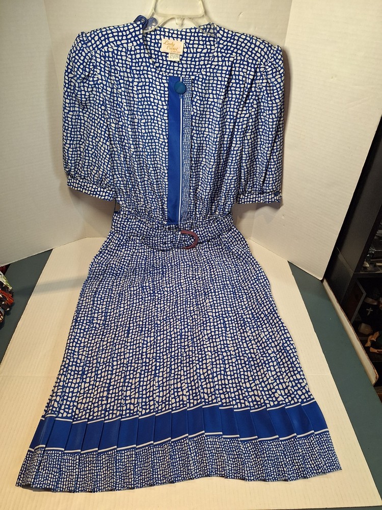 Vintage Lady Carol Dress, Woman’s 12, Polyester, Pleated, Long, Button, Belt